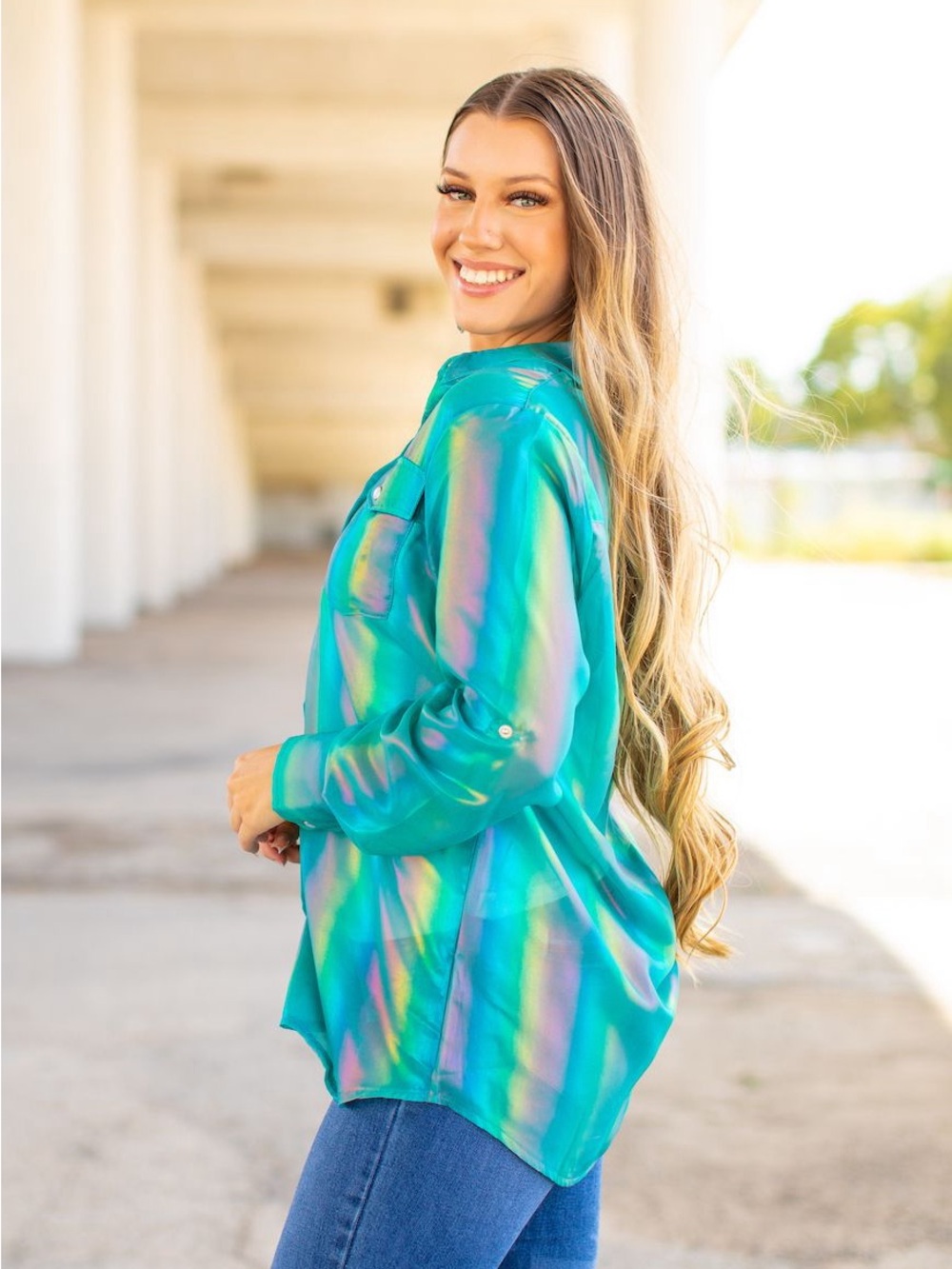 NWT Lucky & Blessed Jade Iridescent Organza Button Up Blouse Size Small